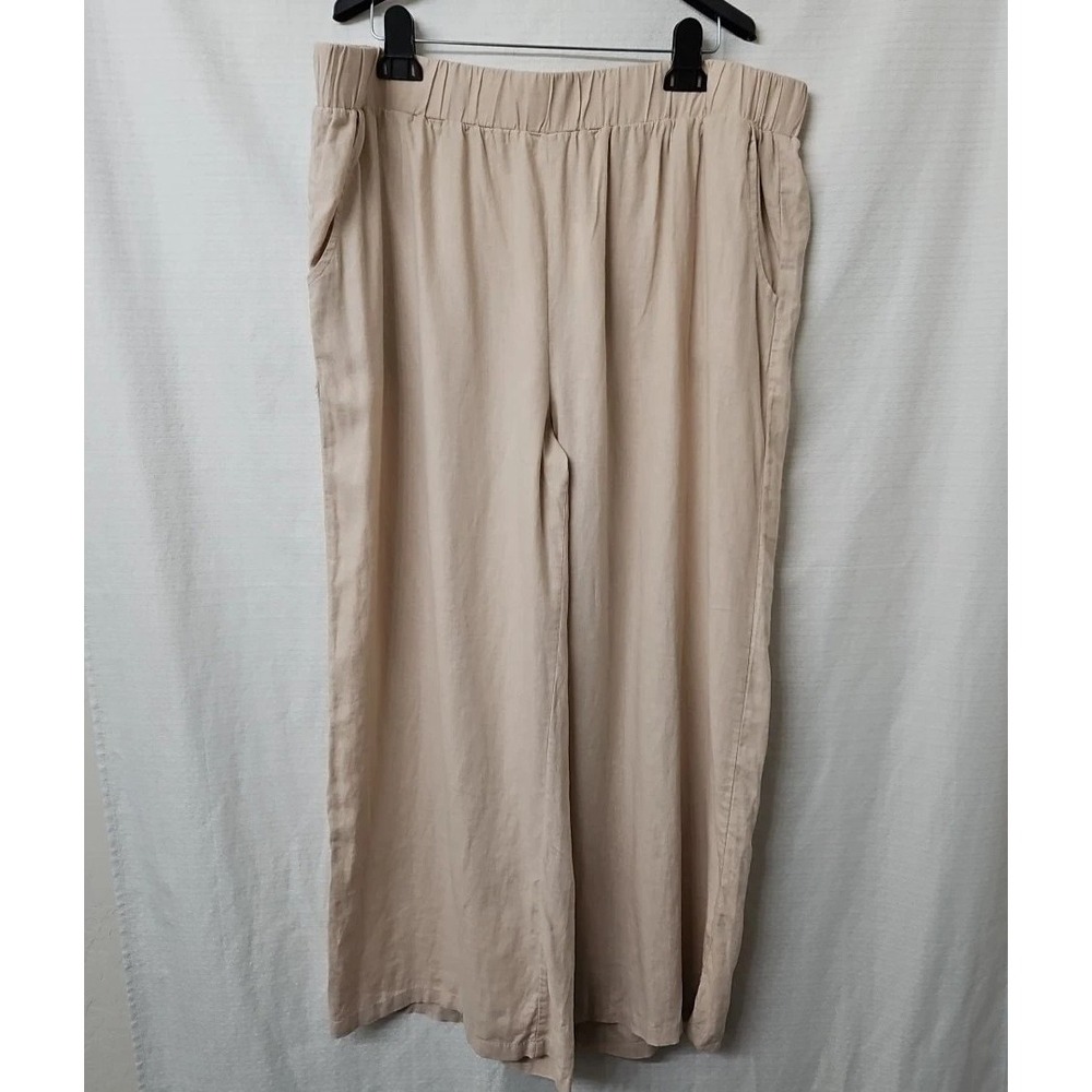 NWT Womens Cupio Sz XL Pants Tan Linen Rayon Lagenlook Wide Leg Relaxed Pockets